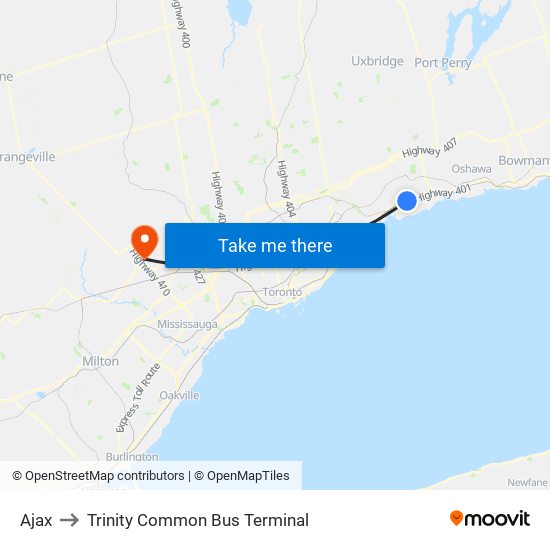 Ajax to Trinity Common Bus Terminal map