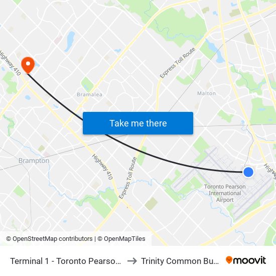 Terminal 1 - Toronto Pearson Int'L Airport to Trinity Common Bus Terminal map