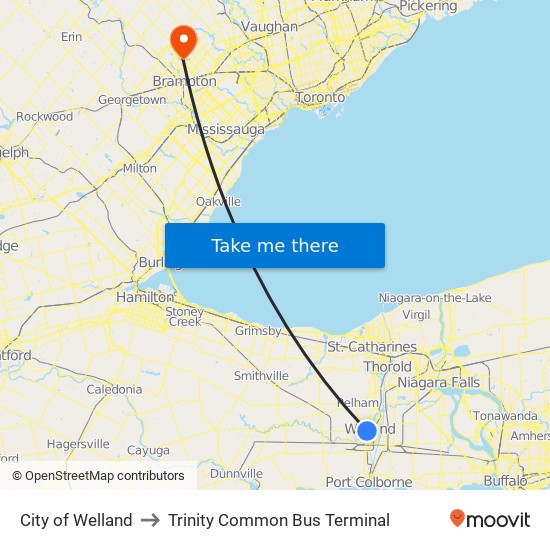 City of Welland to Trinity Common Bus Terminal map