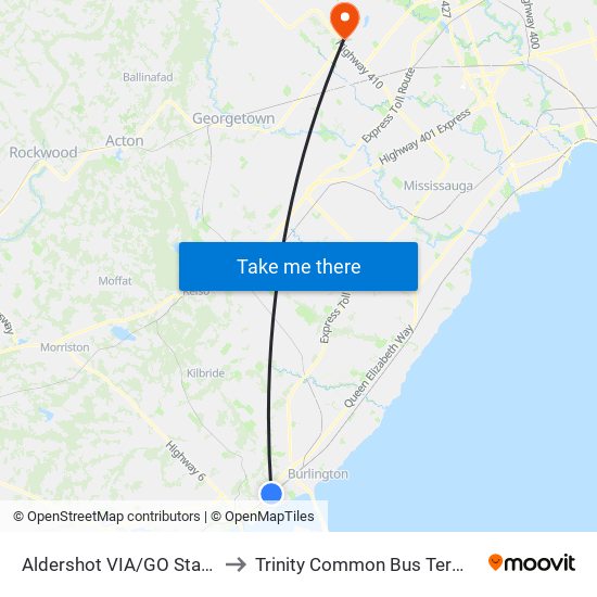 Aldershot VIA/GO Station to Trinity Common Bus Terminal map