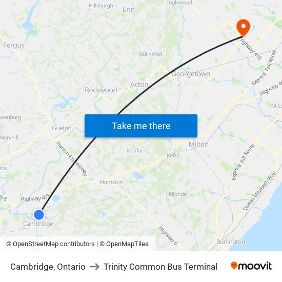 Cambridge, Ontario to Trinity Common Bus Terminal map