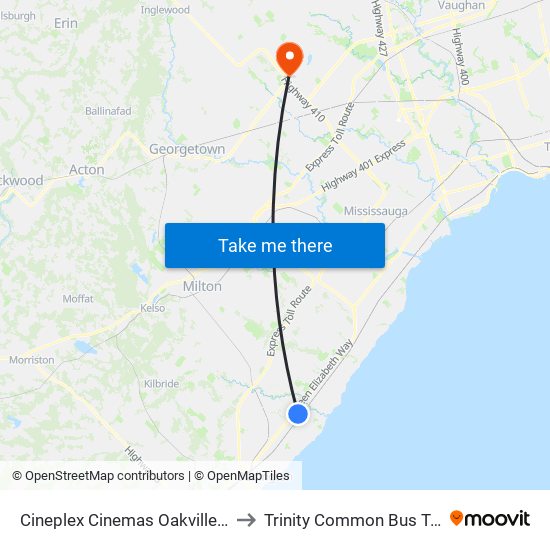 Cineplex Cinemas Oakville and VIP to Trinity Common Bus Terminal map