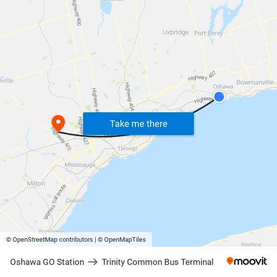 Oshawa GO Station to Trinity Common Bus Terminal map