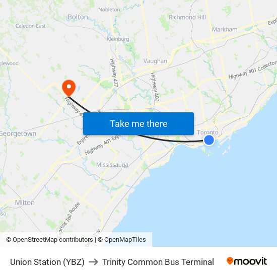 Union Station (YBZ) to Trinity Common Bus Terminal map