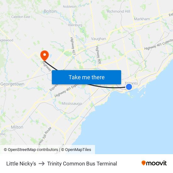 Little Nicky's to Trinity Common Bus Terminal map