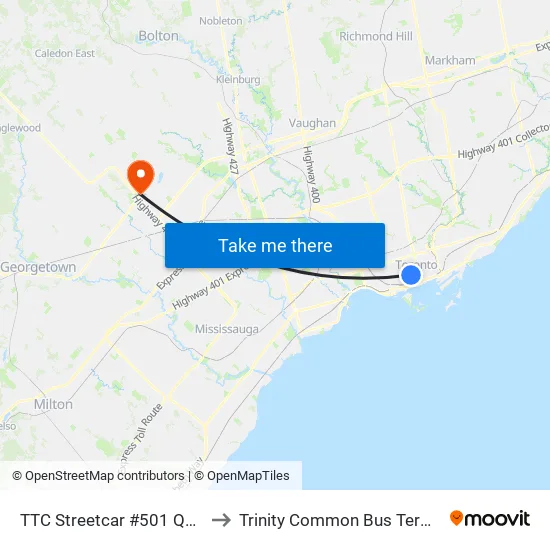 TTC Streetcar #501 Queen to Trinity Common Bus Terminal map