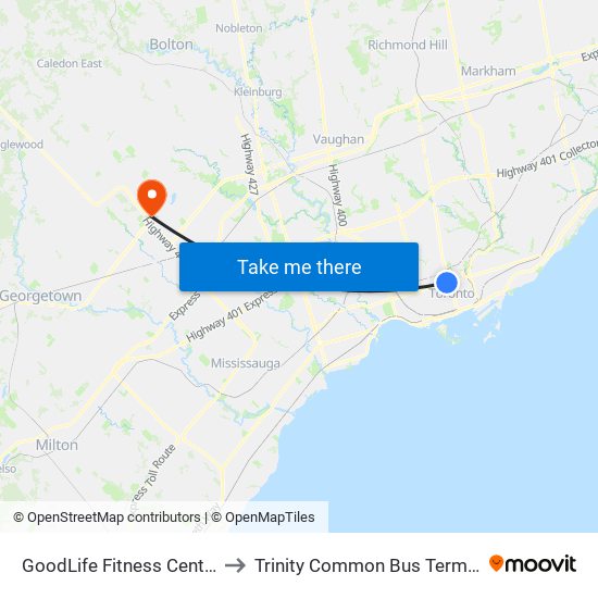 GoodLife Fitness Centres to Trinity Common Bus Terminal map