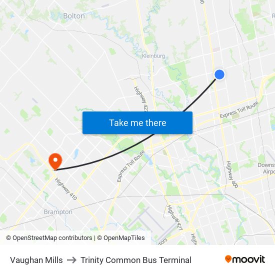 Vaughan Mills to Trinity Common Bus Terminal map
