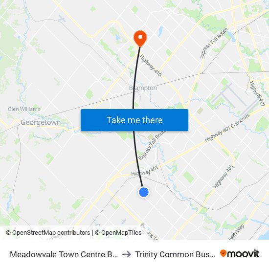 Meadowvale Town Centre Bus Terminal to Trinity Common Bus Terminal map