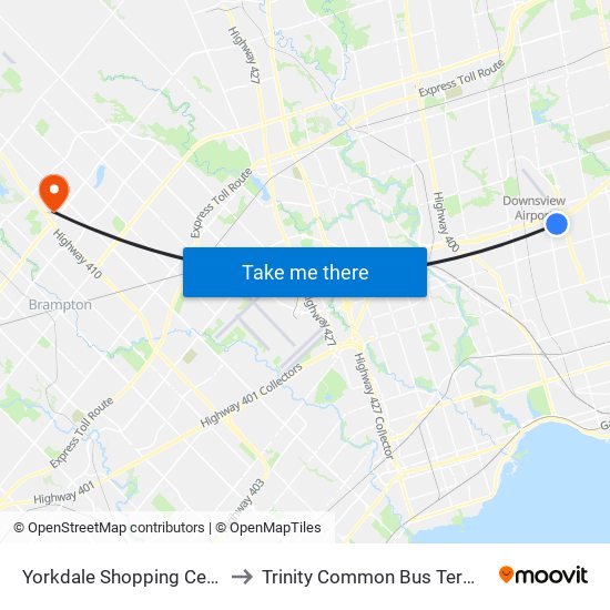 Yorkdale Shopping Centre to Trinity Common Bus Terminal map