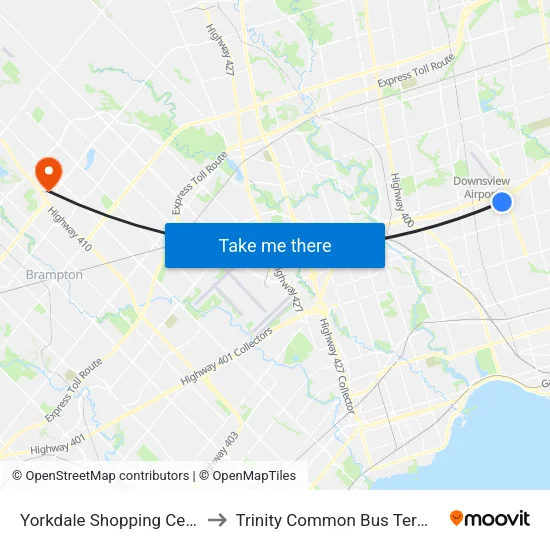 Yorkdale Shopping Centre to Trinity Common Bus Terminal map