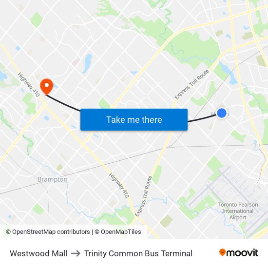 Westwood Mall to Trinity Common Bus Terminal map