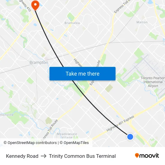 Kennedy Road to Trinity Common Bus Terminal map
