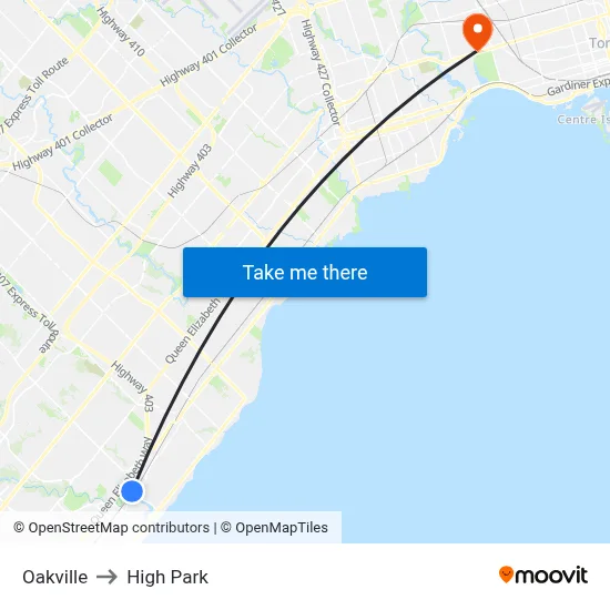 Oakville to High Park map