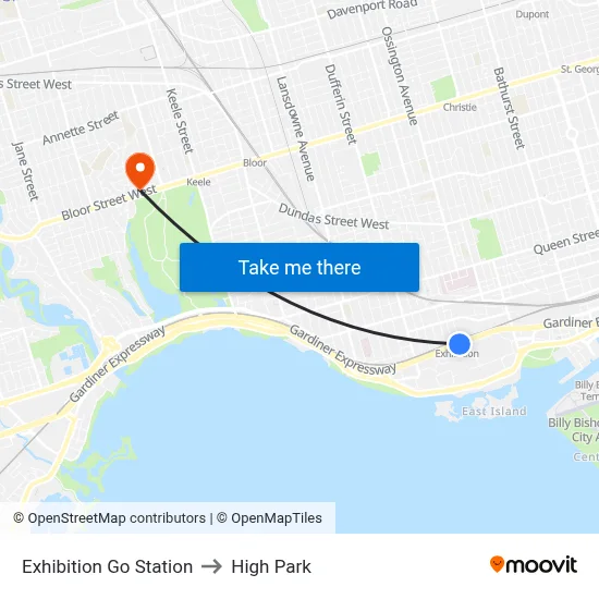 Exhibition Go Station to High Park map