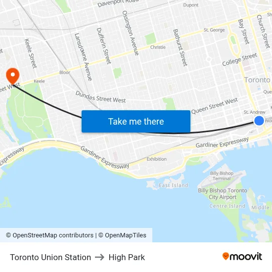 Toronto Union Station to High Park map