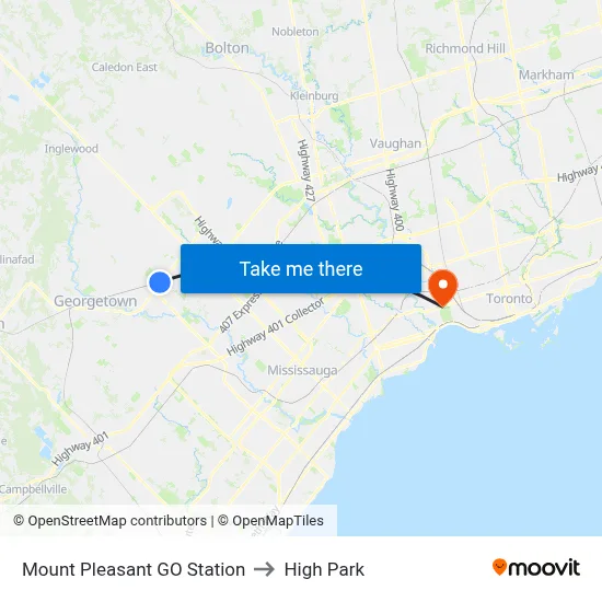 Mount Pleasant GO Station to High Park map