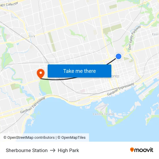 Sherbourne Station to High Park map