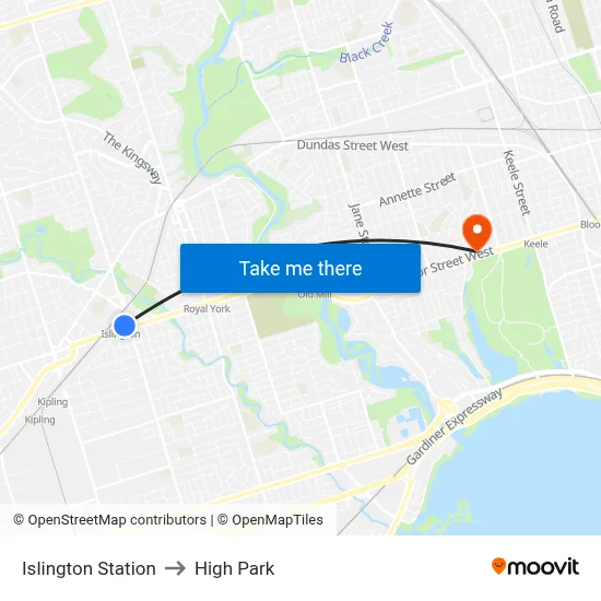 Islington Station to High Park map