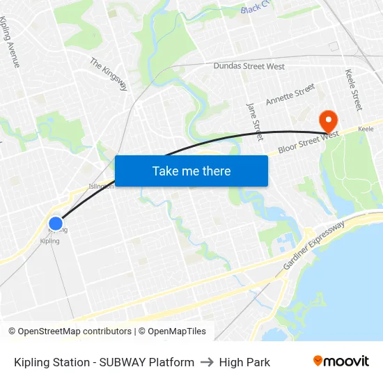 Kipling Station - SUBWAY Platform to High Park map