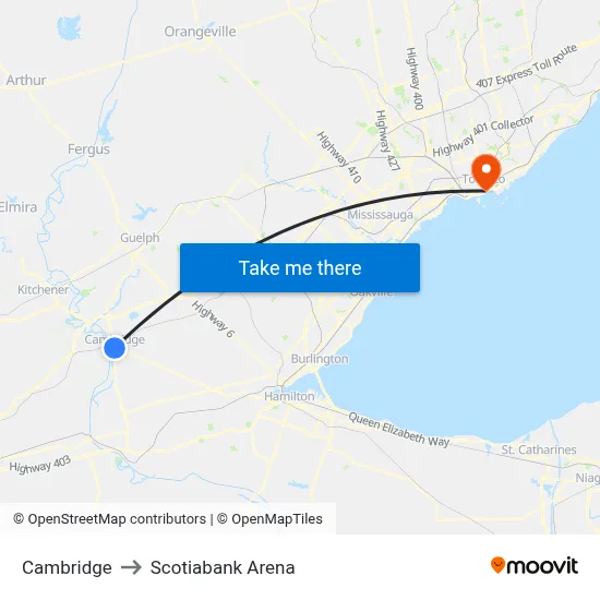 Cambridge to Scotiabank Arena map
