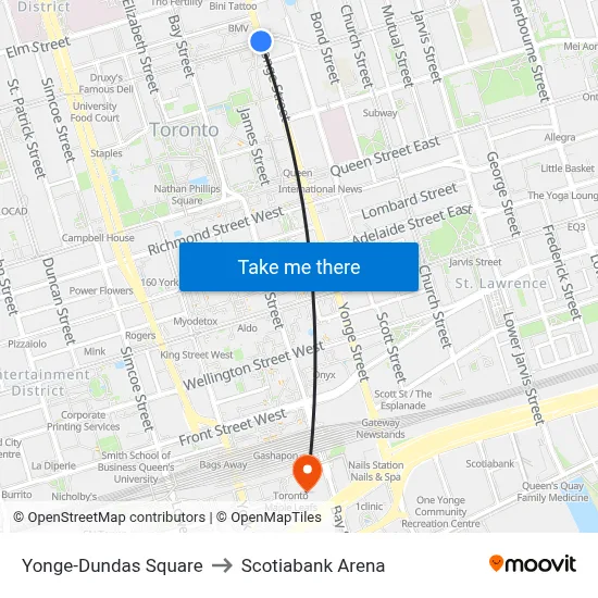 Yonge-Dundas Square to Scotiabank Arena map