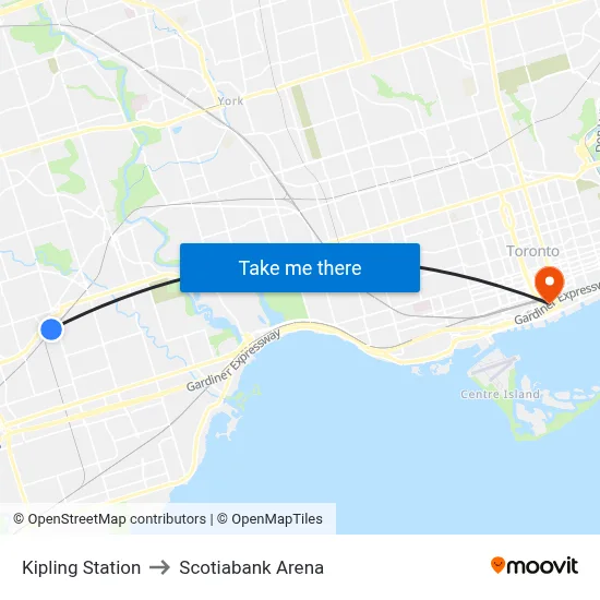 Kipling Station to Scotiabank Arena map