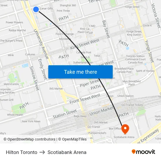 Hilton Toronto to Scotiabank Arena map