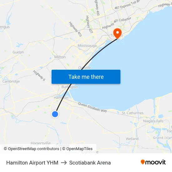 Hamilton Airport YHM to Scotiabank Arena map