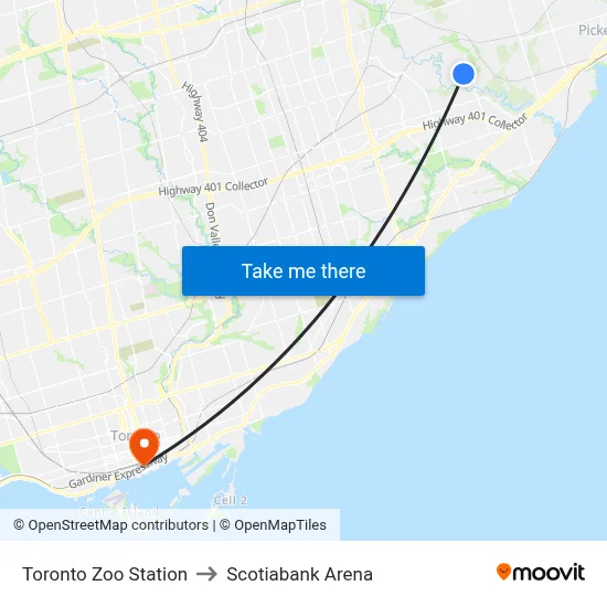 Toronto Zoo Station to Scotiabank Arena map
