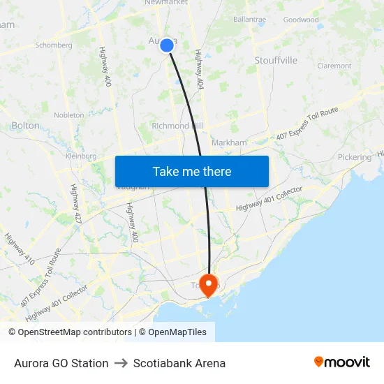 Aurora GO Station to Scotiabank Arena map
