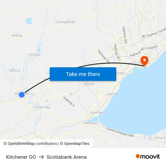 Kitchener GO to Scotiabank Arena map