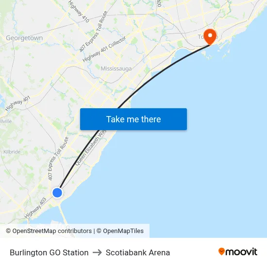 Burlington GO Station to Scotiabank Arena map
