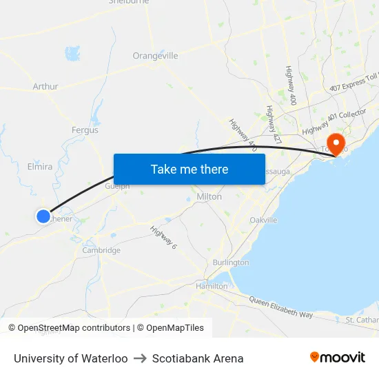 University of Waterloo to Scotiabank Arena map