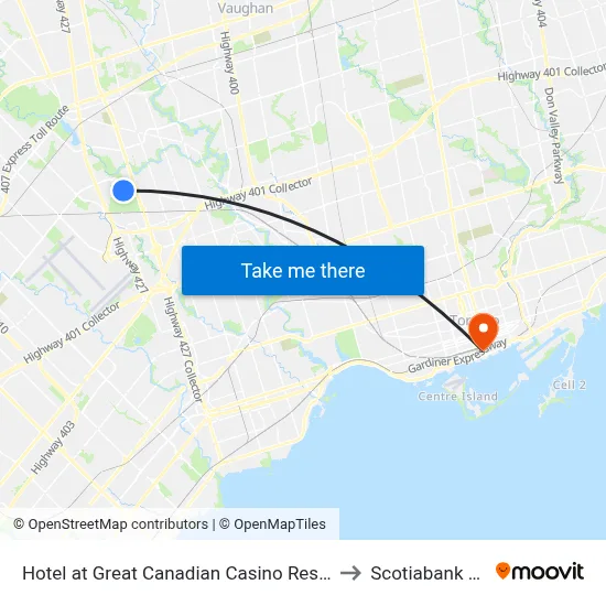 Hotel at Great Canadian Casino Resort Toronto to Scotiabank Arena map