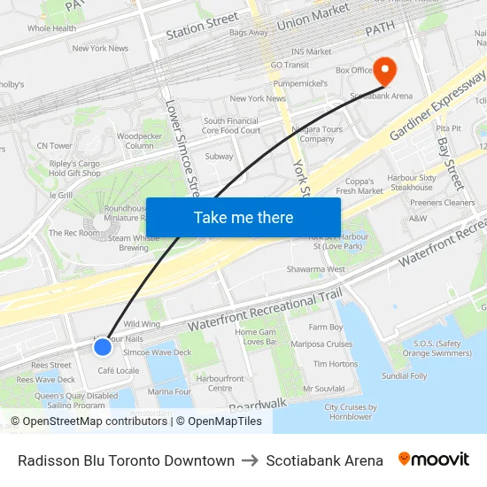 Radisson Blu Toronto Downtown to Scotiabank Arena map