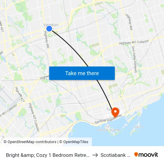 Bright &amp; Cozy 1 Bedroom Retreat, Vaughan to Scotiabank Arena map