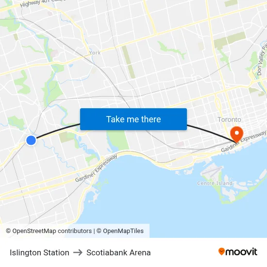 Islington Station to Scotiabank Arena map