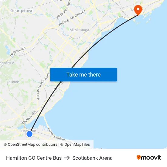 Hamilton GO Centre Bus to Scotiabank Arena map