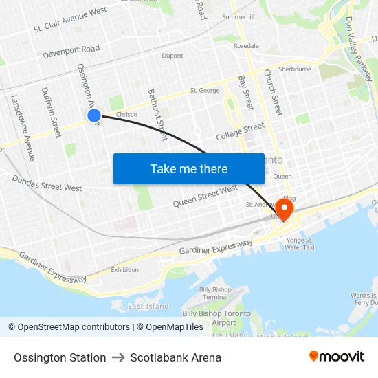 Ossington Station to Scotiabank Arena map