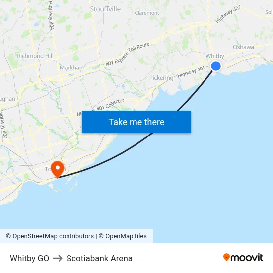 Whitby GO to Scotiabank Arena map