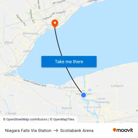 Niagara Falls Via Station to Scotiabank Arena map