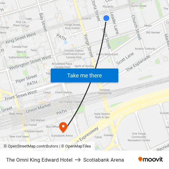 The Omni King Edward Hotel to Scotiabank Arena map