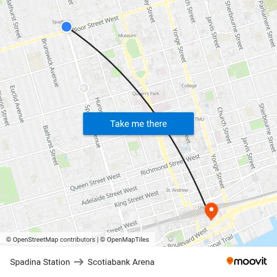 Spadina Station to Scotiabank Arena map