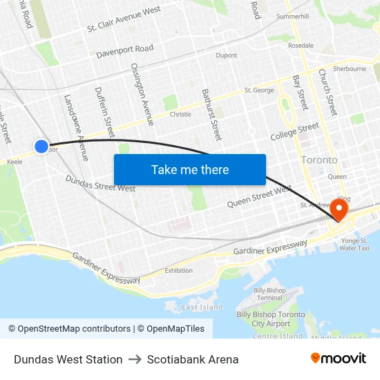 Dundas West Station to Scotiabank Arena map