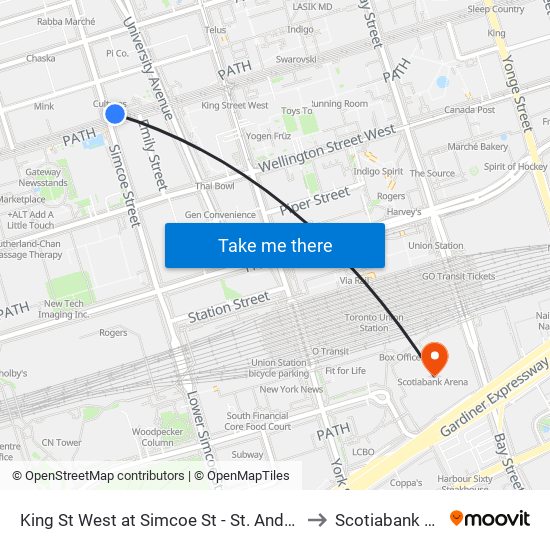 King St West at Simcoe St - St. Andrew Station to Scotiabank Arena map