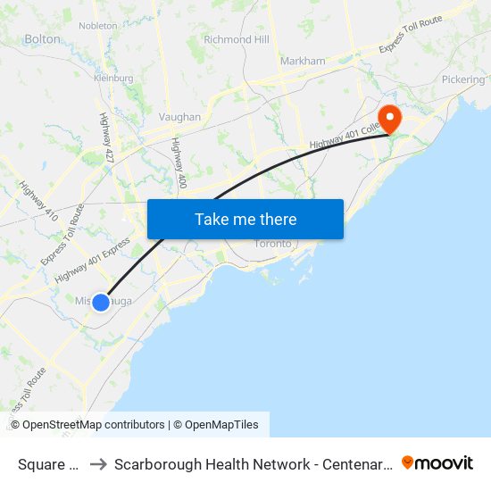 Square One to Scarborough Health Network - Centenary Hospital map