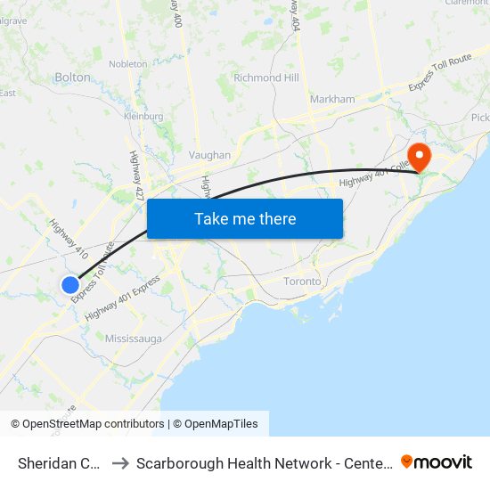 Sheridan College to Scarborough Health Network - Centenary Hospital map