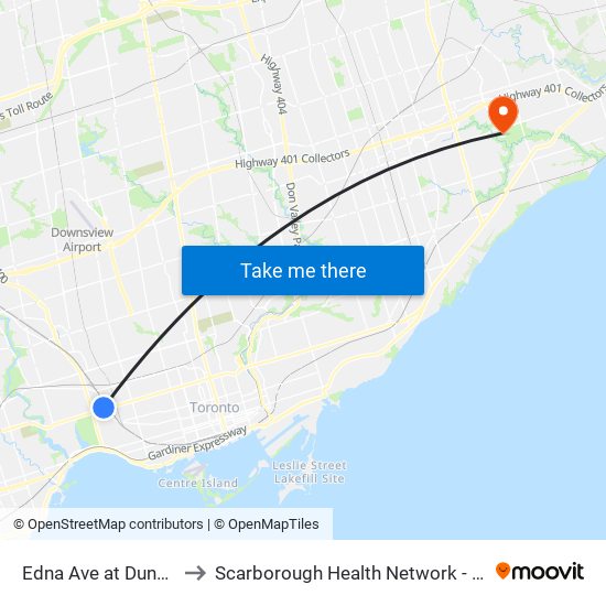 Edna Ave at Dundas St West to Scarborough Health Network - Centenary Hospital map