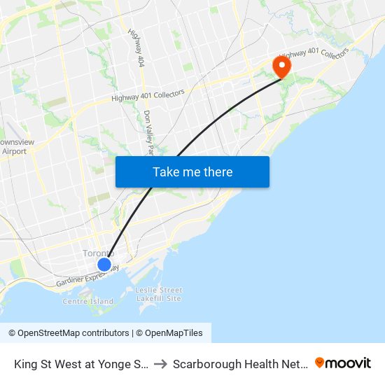 King St West at Yonge St West Side - King Station to Scarborough Health Network - Centenary Hospital map